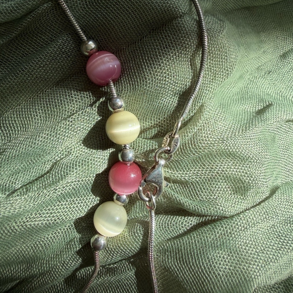 Pink and Cream Beaded Necklace Sterling Silver 925 - Picture 5 of 9